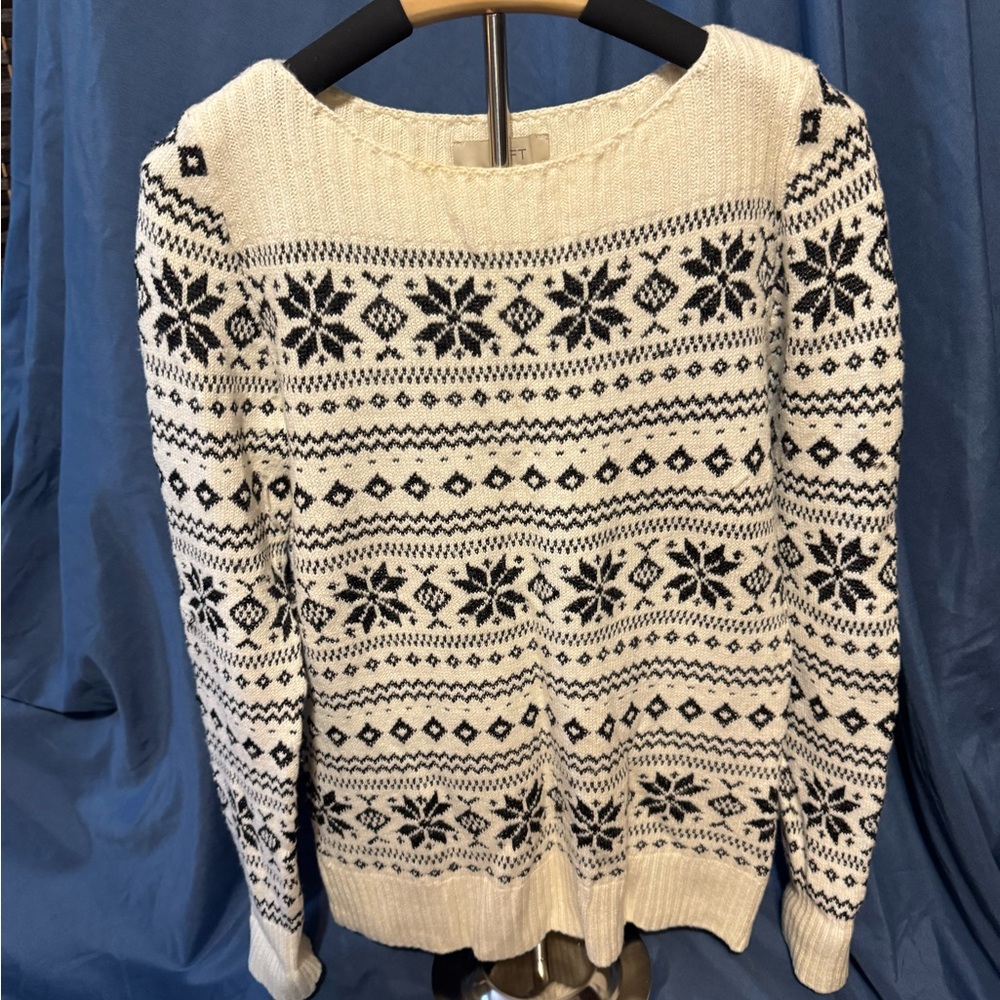 LOFT Cream and Black Fair Isle Scoop Neck Sweater